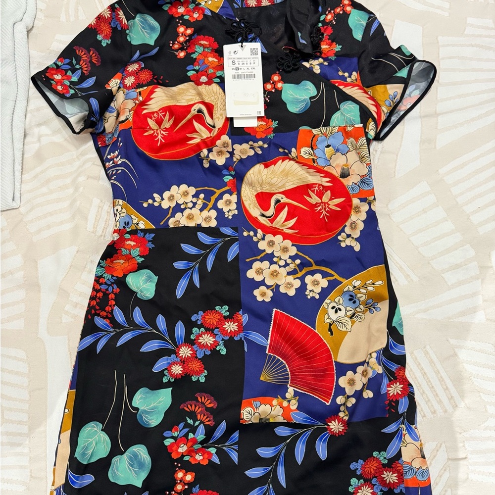 Zara Multicolor Floral and Fan Print Mini Dress